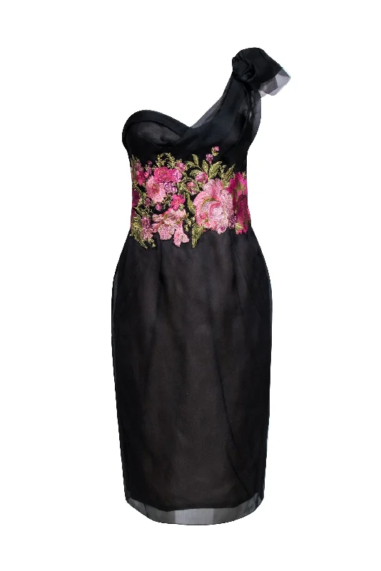 Marchesa - Black One Shoulder Floral Embroidered Dress Sz 8 Ruffled floral dresses