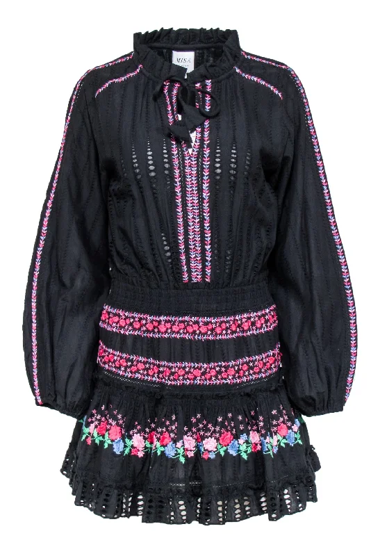MISA Los Angeles - Black w/ Pink & Blue Floral Embroidery Dress Sz S Smocked floral dresses MISA Los Angeles - Black w/ Pink & Blue Floral Embroidery Dress Sz S Smocked floral dresses