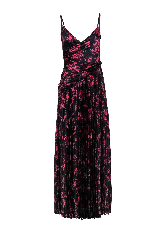 Monique Lhuillier - Black w/ Pink & Purple Floral Print Pleated Formal Dress Sz 2 Luxury floral dresses Monique Lhuillier - Black w/ Pink & Purple Floral Print Pleated Formal Dress Sz 2 Luxury floral dresses