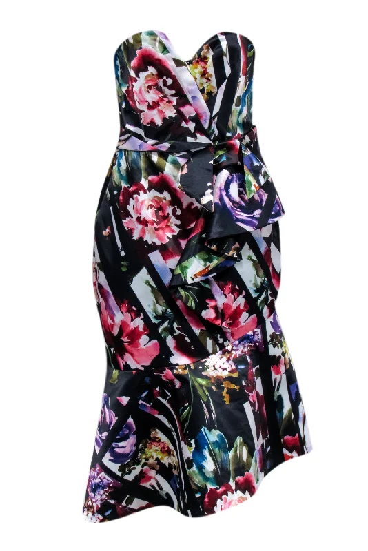 Parker - Black Floral Strapless Side Bow Fit & Flare Dress Sz 4 Stretchy floral dresses Parker - Black Floral Strapless Side Bow Fit & Flare Dress Sz 4 Stretchy floral dresses
