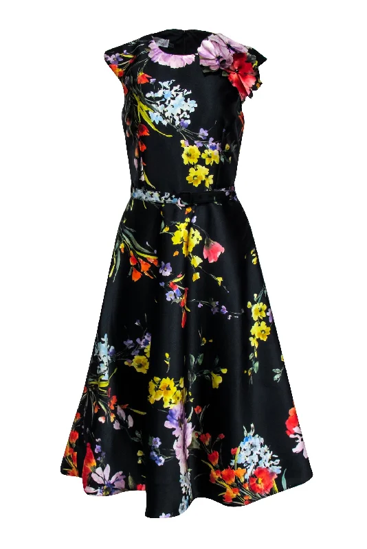 Teri Jon - Black & Multi Color Floral Belted Dress Sz 6 Elegant floral dresses