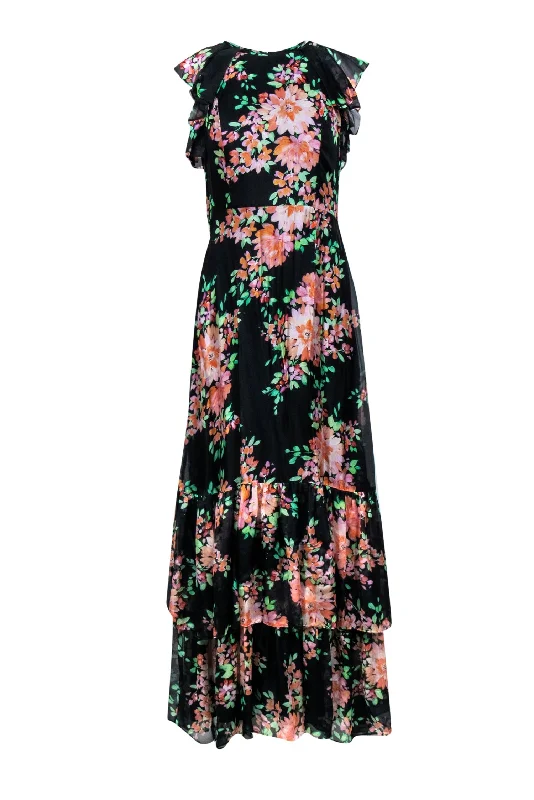 Shoshanna - Black & Multi Color Floral Ruffled Cap Sleeve Formal Dress Sz 2 Casual floral dresses Shoshanna - Black & Multi Color Floral Ruffled Cap Sleeve Formal Dress Sz 2 Casual floral dresses