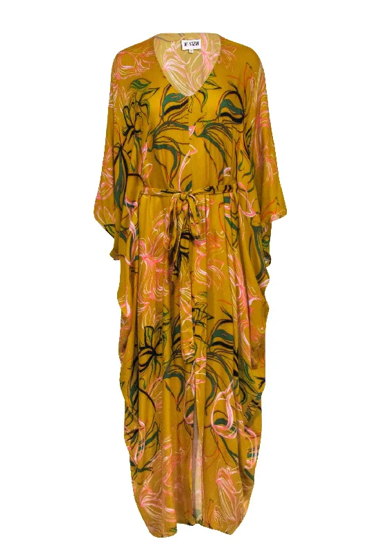 Bel Kazan - Mustard Yellow w/ Multicolor Floral Print Cover Up Dress One Size Budget-friendly floral dresses Bel Kazan - Mustard Yellow w/ Multicolor Floral Print Cover Up Dress One Size Budget-friendly floral dresses