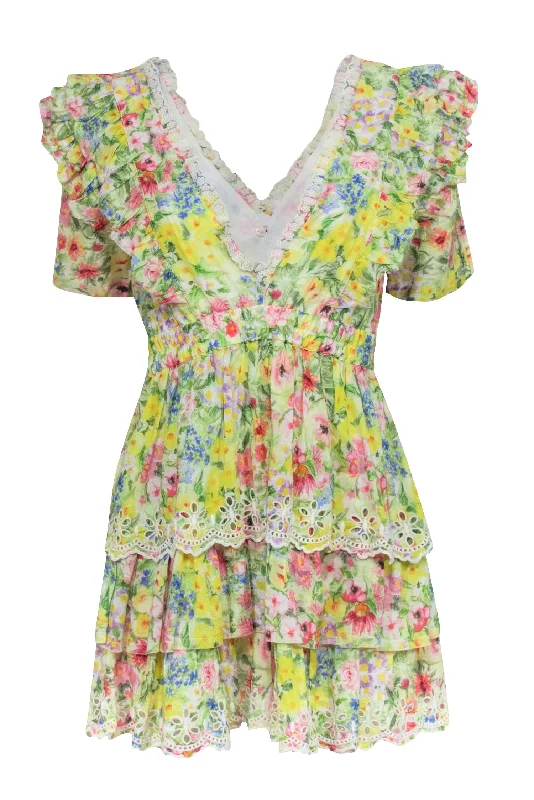 LoveShackFancy - Yellow Multicolor Floral Print Dress w/ Eyelet Trim Sz S Revolve floral dresses LoveShackFancy - Yellow Multicolor Floral Print Dress w/ Eyelet Trim Sz S Revolve floral dresses
