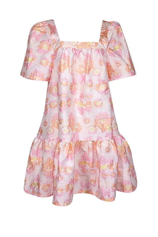 Stella Nova - Pink, Peach, & Metallic Floral Jacquard Flounce Hem Dress Sz 10 Versatile floral dresses for all occasions Stella Nova - Pink, Peach, & Metallic Floral Jacquard Flounce Hem Dress Sz 10 Versatile floral dresses for all occasions