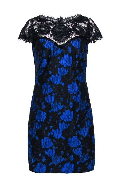 Tadashi Shoji - Blue & Black Floral Brocade Lace Detail Dress Sz 12 Retro floral dresses Tadashi Shoji - Blue & Black Floral Brocade Lace Detail Dress Sz 12 Retro floral dresses