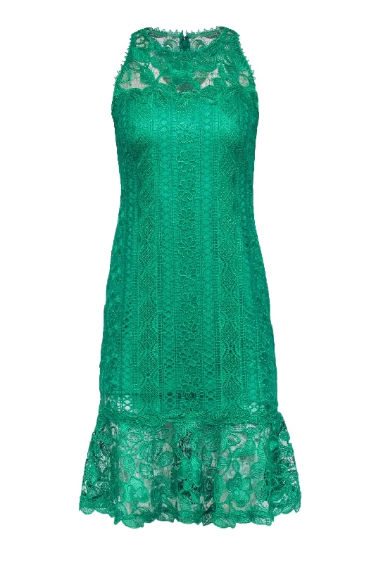 Tadashi Shoji - Green Floral Eyelet Lace Flounce Hem Dress Sz 6P Satin floral dresses Tadashi Shoji - Green Floral Eyelet Lace Flounce Hem Dress Sz 6P Satin floral dresses