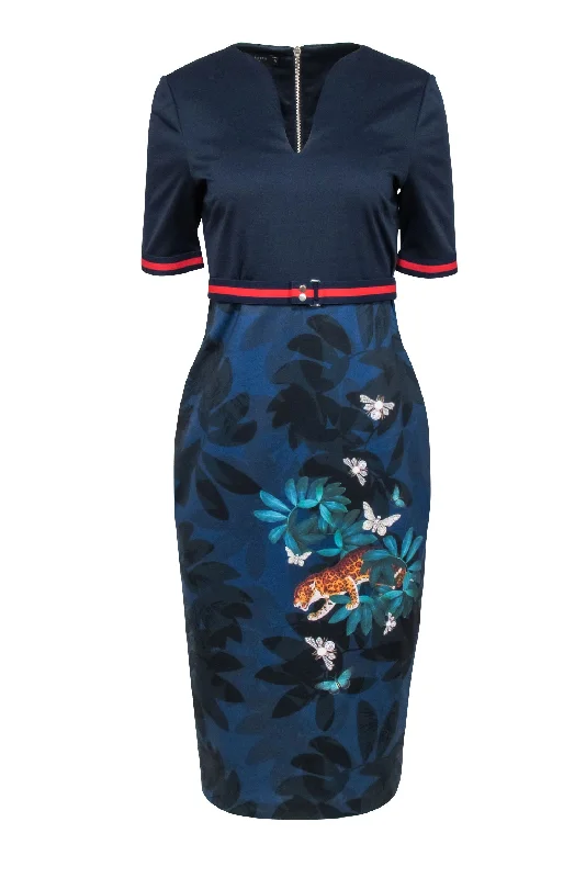 Ted Baker - Navy Sheath "Houdini" Dress w/ Floral & Leopard Design Sz 6 New Year's Eve floral dresses Ted Baker - Navy Sheath "Houdini" Dress w/ Floral & Leopard Design Sz 6 New Year's Eve floral dresses