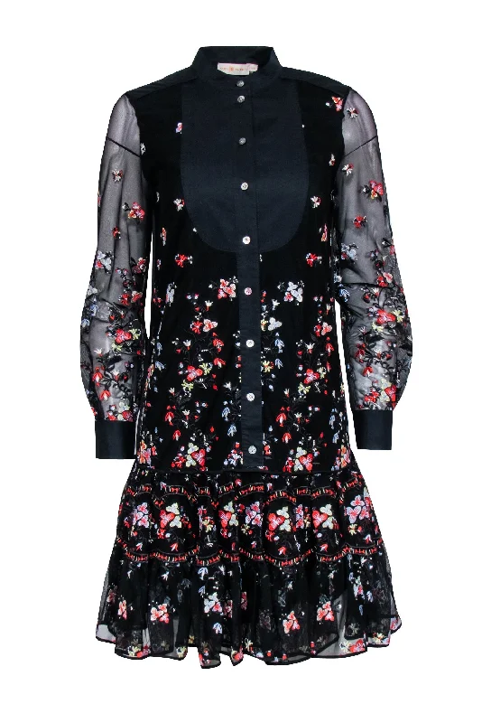 Tory Burch - Black Embroidered Floral Long Sleeve Dress Sz XS Garden party floral dresses Tory Burch - Black Embroidered Floral Long Sleeve Dress Sz XS Garden party floral dresses