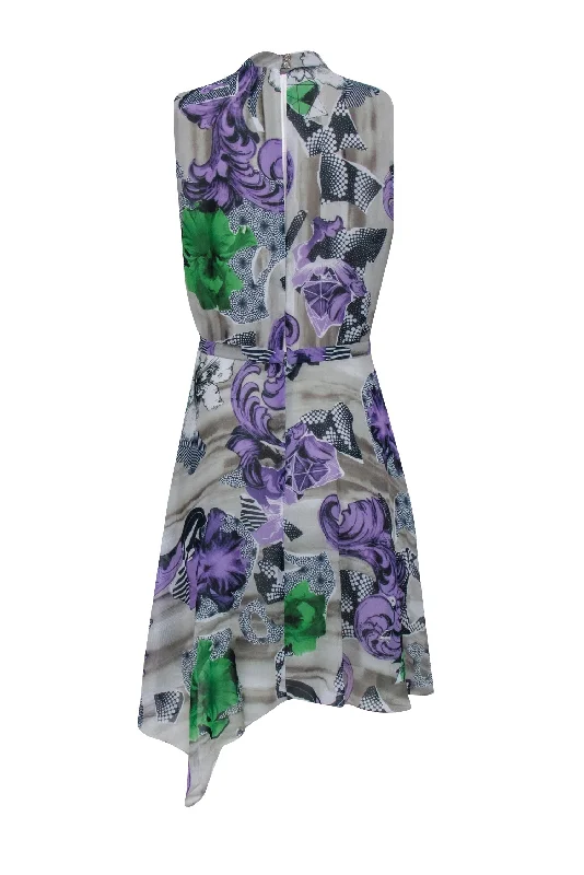Versace Collection - Taupe w/ Purple Abstract Floral Print Pleated Dress Sz 8 H&M floral dresses