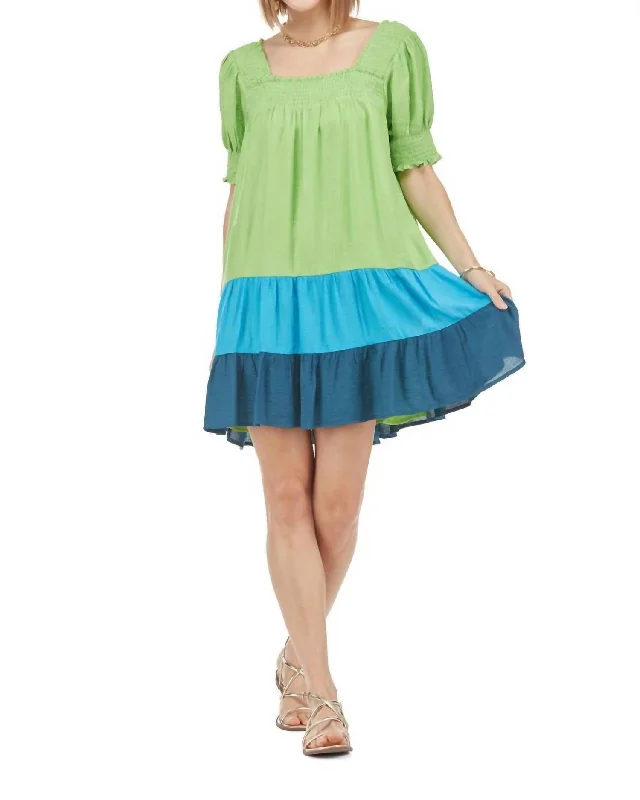 Color Block Mini Dress In Lime Faded Denim Skirt