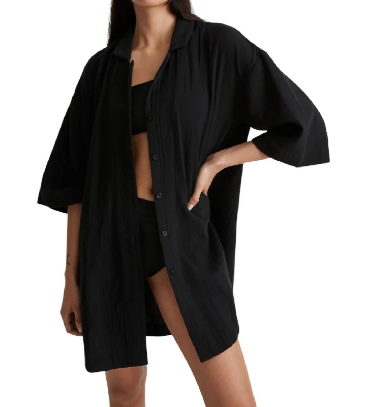 Crinkle Cotton Cover-Up Mini Shirtdress In Black Chic Denim Skirt