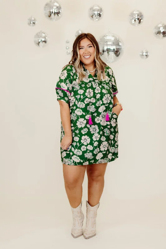 Green Floral Puff Sleeve Tie Detail Mini Dress Summer Denim Mini