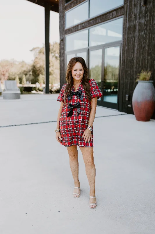 Red Plaid Sequin Bow Detail Mini Dress Lace Mini Skirt