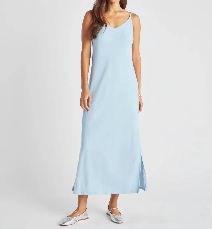 Ezra V Neck Maxi Dress In Bleached Indigo Satin Maxi Skirt