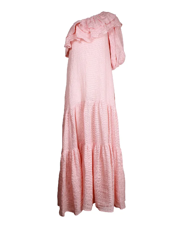 Lisa Marie Fernandez Arden One-Shoulder Tiered Maxi Dress in Pink Linen Soft Pleated Maxi