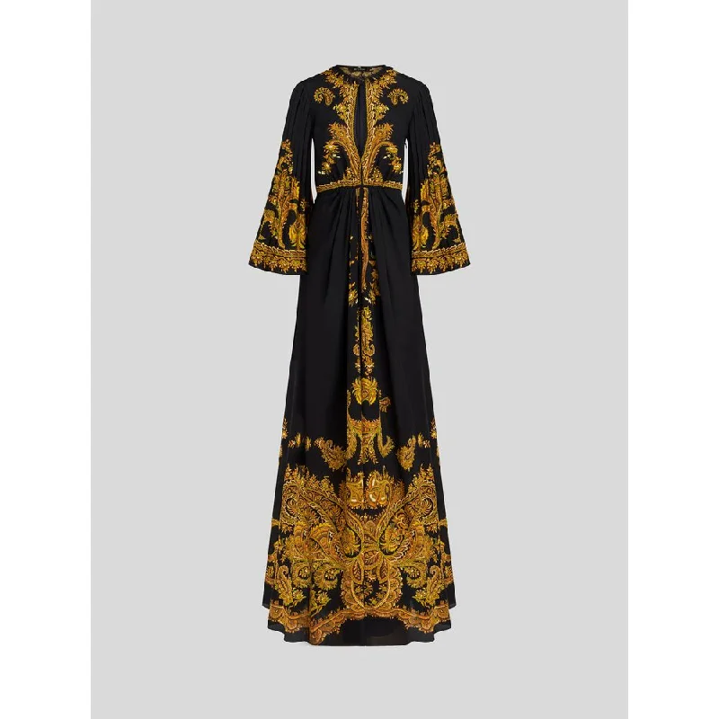 LONG SILK DRESS WITH PLEATED SLEEVES Fitted Maxi Skirt