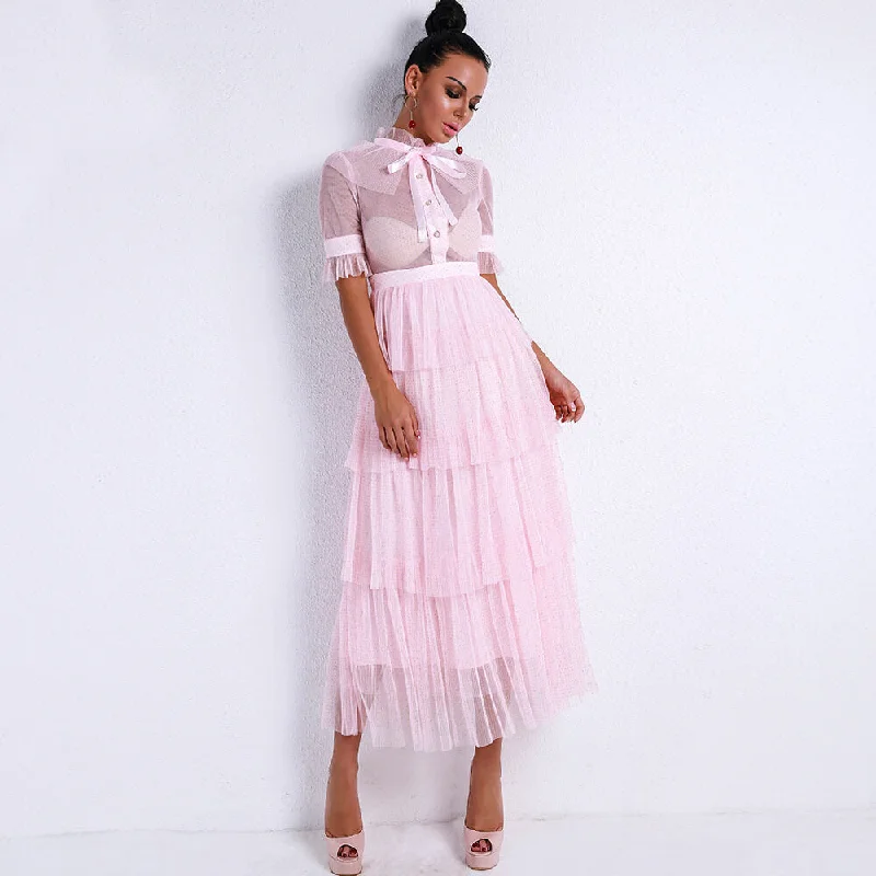 Vintage Cupcake Long Mesh Dress High-Low Maxi Skirt