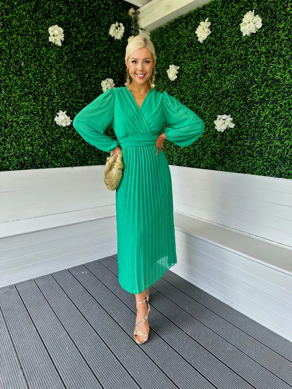 Caoimhe Pleated Midi Dress Emerald Elegant A-line Skirt