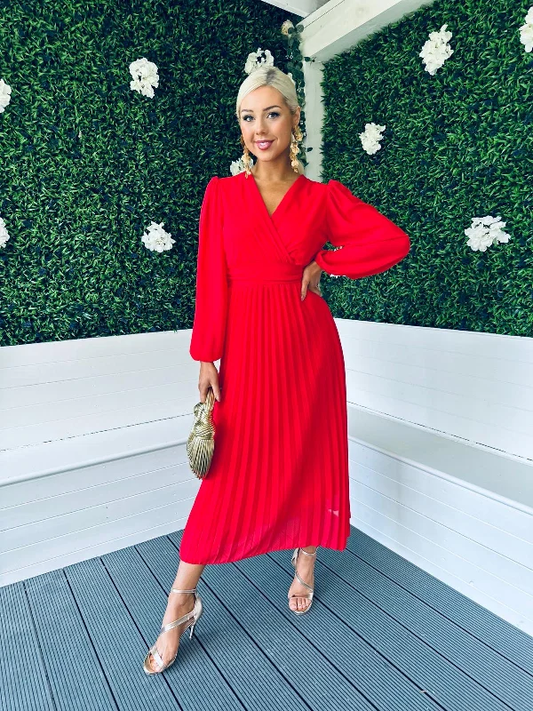 Caoimhe Pleated Midi Dress Red Winter Midi Skirt