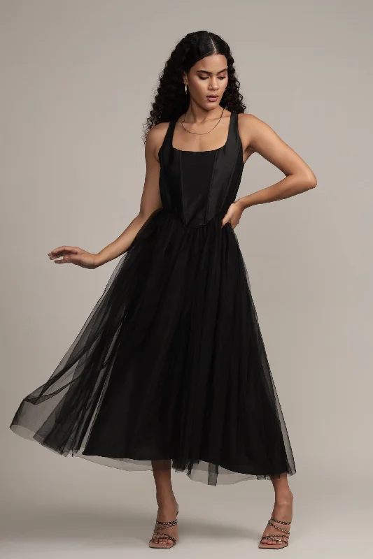 Gaela Mesh Midi Dress in Black Elegant Satin Skirt