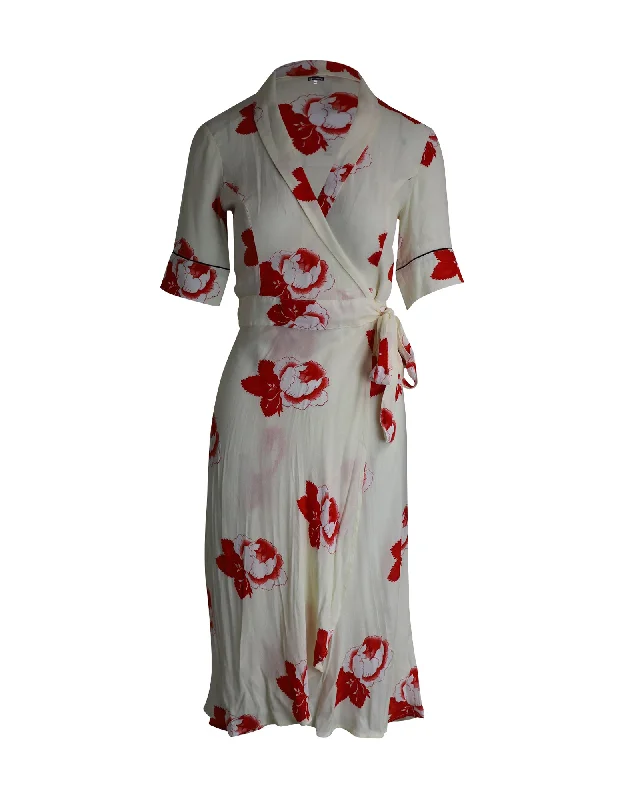 Ganni Midi Wrap Dress in Cream Floral Print Viscose Slim Midi Skirt
