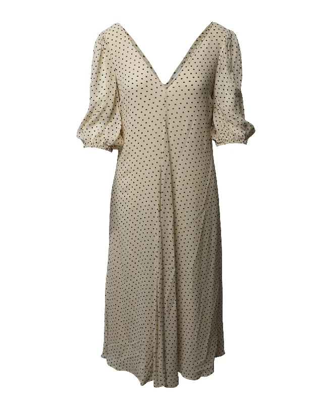 Ganni V-Neck Polka Dot Midi Dress in Cream Viscose Pleated A-line Skirt