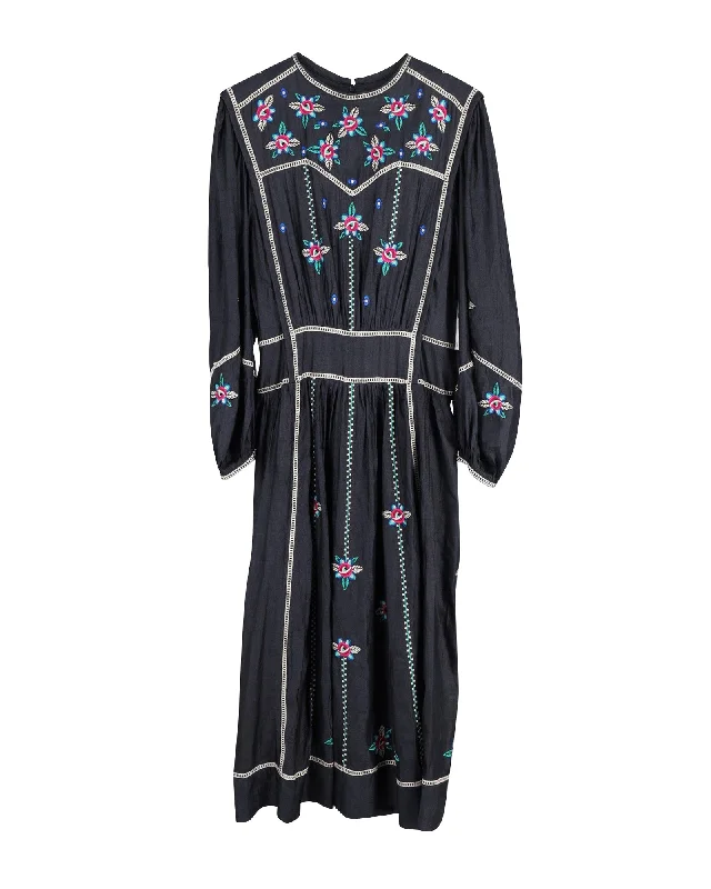 Isabel Marant Caroline Floral-embroidered Midi Dress in Black Silk Vintage Midi Skirt