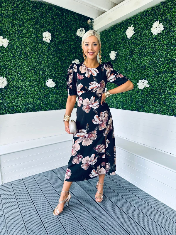 Samira Frill Sleeve Midi Dress Floral Black Bohemian Midi Skirt