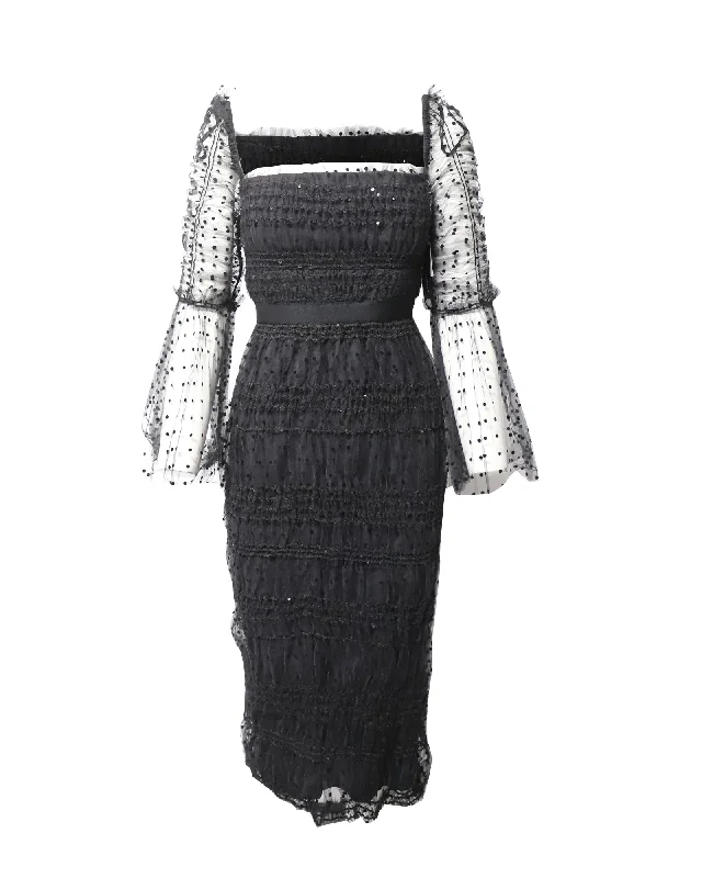 Self Portrait Dot Mesh Midi Dress in Black Polyester Long Midi Skirt