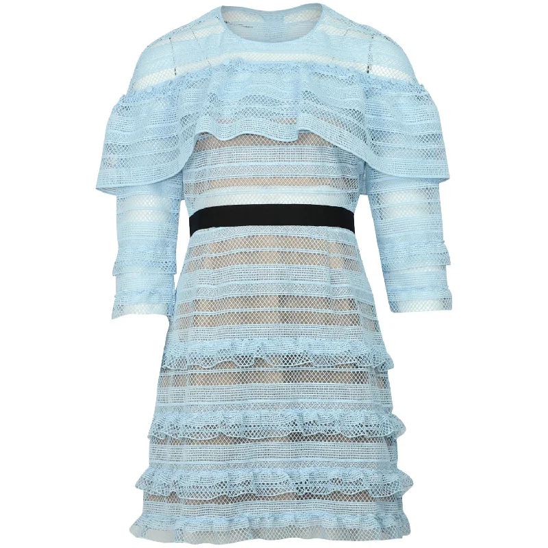 Self-Portrait Grosgrain Trimmed Guipure Lace Midi Dress in Light Blue Polyester Sexy Midi Skirt