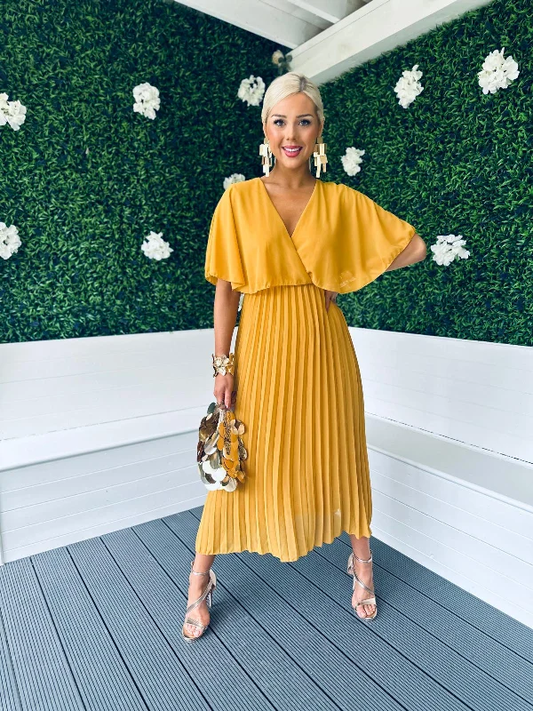 Stacey Pleated Midi Dress Dijon Ruffled Floral Skirt