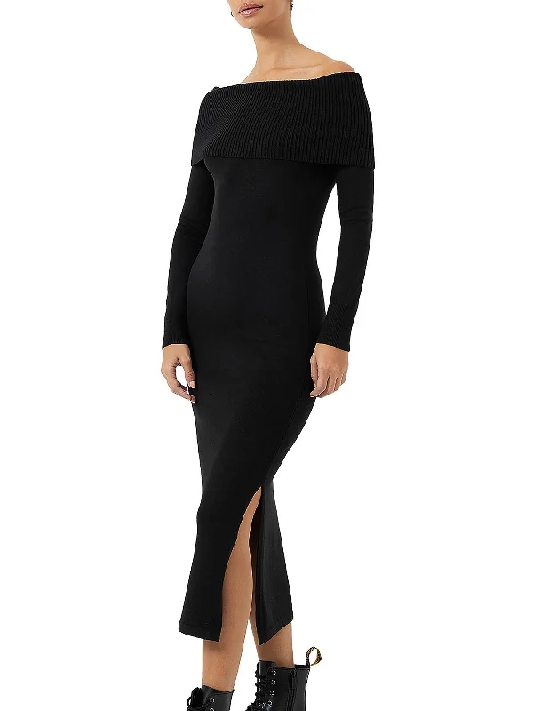 Womens Off-The-Shoulder Midi Sweaterdress Button-down Midi Skirt