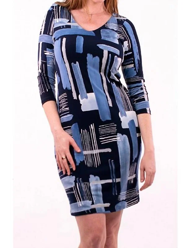 Abstract Painted V-Neck Dress In Blue Multi Tulle unclassified dresses