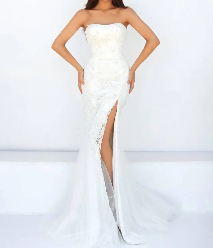 Beaded Top Mermaid Dress With Slit in Ivory Smocked unclassified dresses