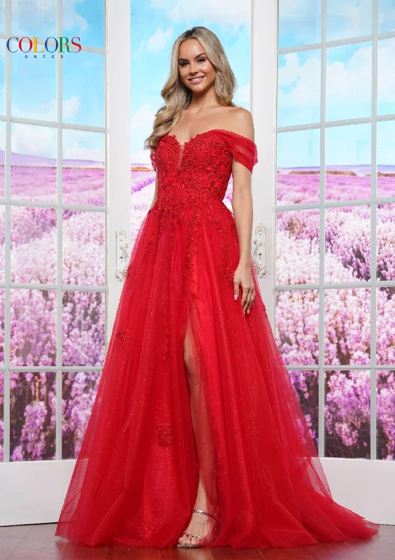 Colors Dress 3474 - High Slit Applique Prom Dress Corset unclassified dresses
