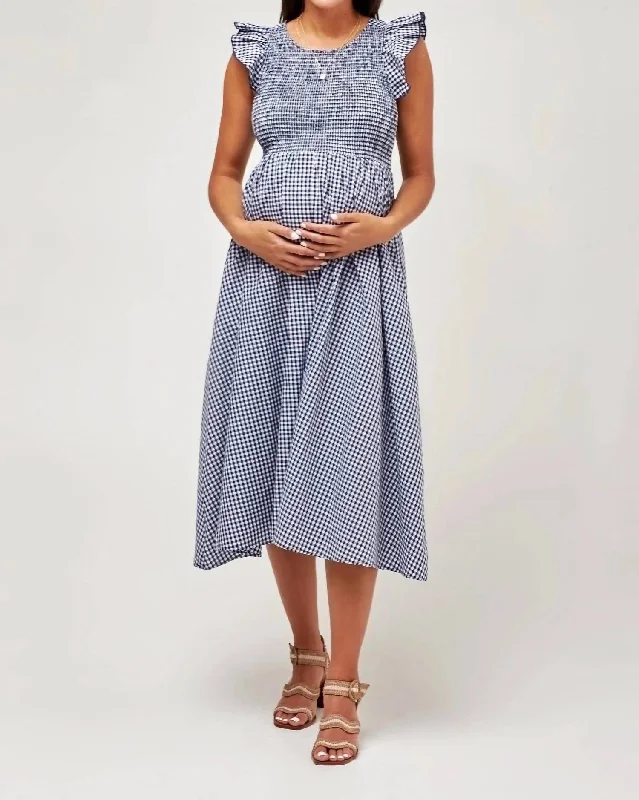 Harper Smocked During + After Dress In Navy Gingham Discounted unclassified dresses