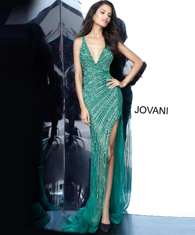 Jovani - Asymmetrical Beaded Illusion High Slit Gown 63405SC Short unclassified dresses Jovani - Asymmetrical Beaded Illusion High Slit Gown 63405SC Short unclassified dresses