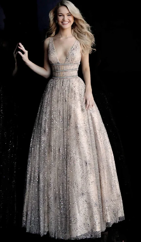Jovani - Bead Embellished Plunging V Neck A-Line Evening Gown 66170SC - 2 pcs Sand/Multi In Sizes 4 and 8 Available Chic unclassified dresses Jovani - Bead Embellished Plunging V Neck A-Line Evening Gown 66170SC - 2 pcs Sand/Multi In Sizes 4 and 8 Available Chic unclassified dresses
