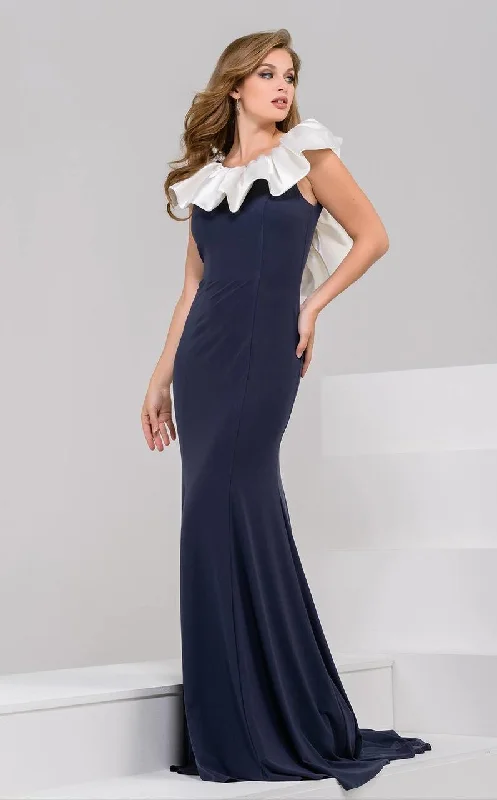 Jovani - Ruffled Jewel Neck Evening Gown 50332 - 1 pc Ivory/Charcoal In Size 6 Available Unique unclassified dresses Jovani - Ruffled Jewel Neck Evening Gown 50332 - 1 pc Ivory/Charcoal In Size 6 Available Unique unclassified dresses