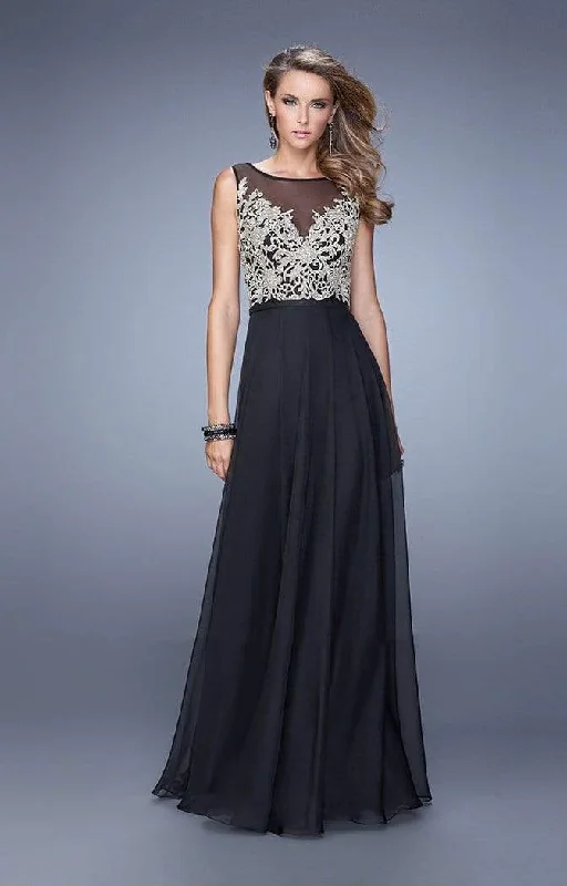 La Femme - Embroidered Illusion Bateau Chiffon Dress 21182SC - 1 pc Black In Size 2 Available Mesh unclassified dresses