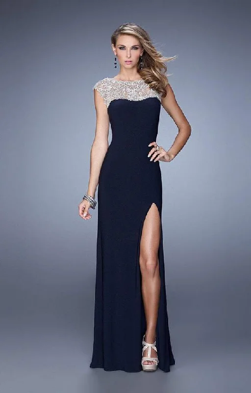 La Femme - Metallic Embroidered Sheath Gown with Slit 21467 - 1 pc Navy In Size 8 Available Chic unclassified dresses La Femme - Metallic Embroidered Sheath Gown with Slit 21467 - 1 pc Navy In Size 8 Available Chic unclassified dresses