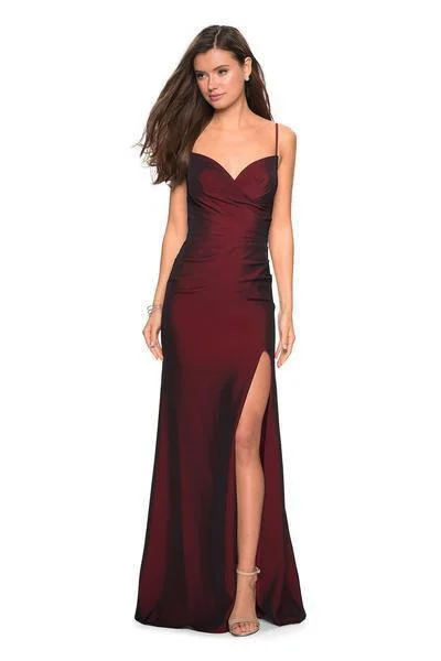 La Femme - Pleated Surplice Bodice High Slit Gown 27626 - 1 pc Burgundy In Size 6 Available Women's unclassified dresses