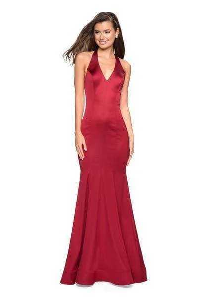La Femme - Plunging Halter Trumpet Evening Dress 27653SC - 2 pcs Red In Size 6  and 8 Available Lace unclassified dresses