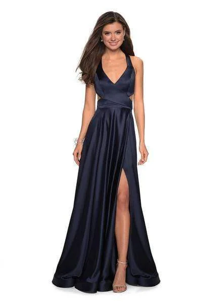 La Femme - Plunging Halter V-neck Satin A-line Evening Gown 27487 - 1 pc Navy In Size 4 Available Embroidered unclassified dresses La Femme - Plunging Halter V-neck Satin A-line Evening Gown 27487 - 1 pc Navy In Size 4 Available Embroidered unclassified dresses