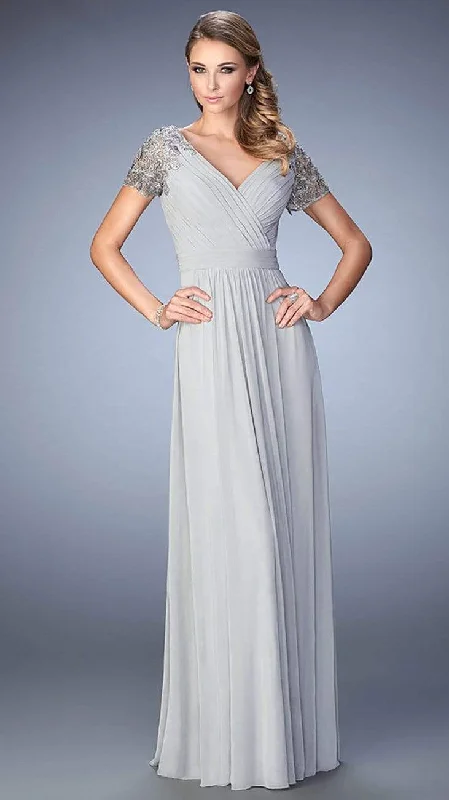La Femme - Ruched Surplice A-Line Gown 22474SC - 1 Pc Black in Size 12 Available Everyday wear unclassified dresses La Femme - Ruched Surplice A-Line Gown 22474SC - 1 Pc Black in Size 12 Available Everyday wear unclassified dresses