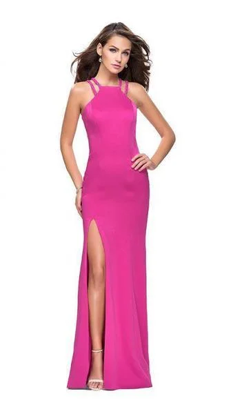 La Femme - Sleeveless High Halter Satin Sheath Gown 25540SC - 1 pc Hot Fuchsia In Size 0 Available Breathable unclassified dresses