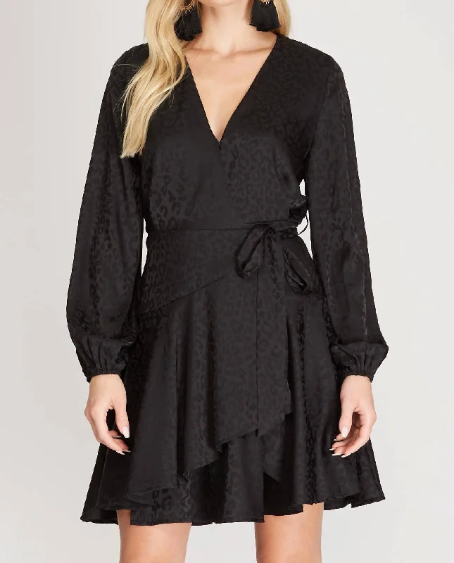 Leopard Satin Jacquard Wrap Dress With Flare Hem in Black Satin unclassified dresses