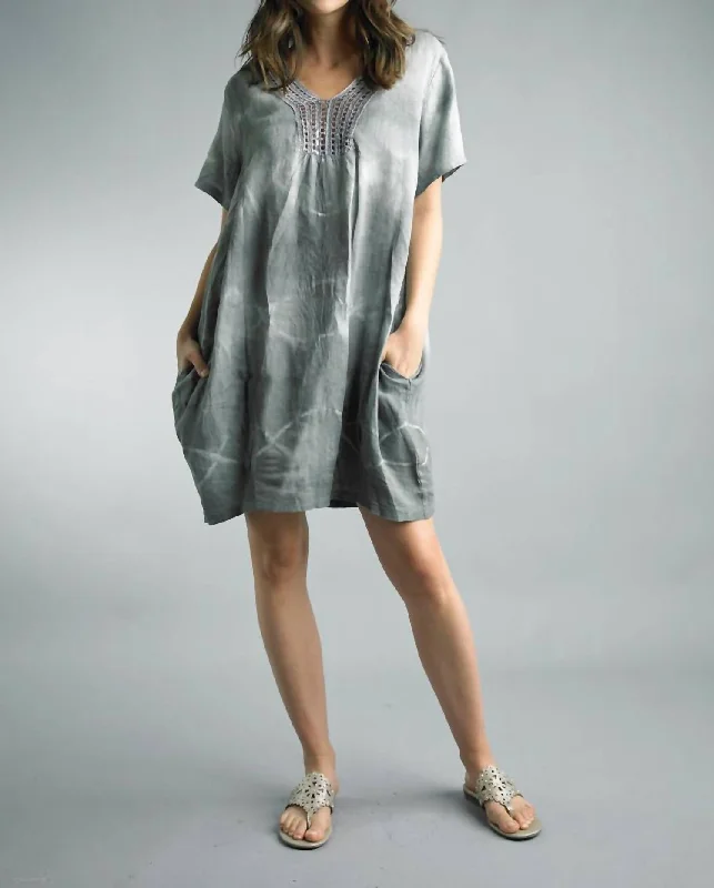 Linen Dip Dye Dress With Crochet Neckline in Grey Long unclassified dresses