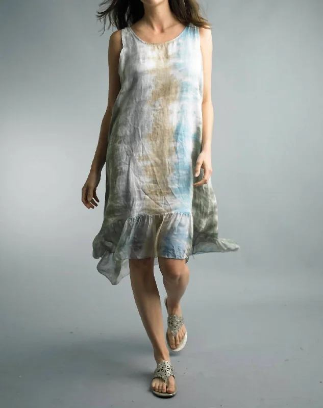 Linen High Low Tie Dye Dress With Silk Ruffle Hem in Silver Street style unclassified dresses
